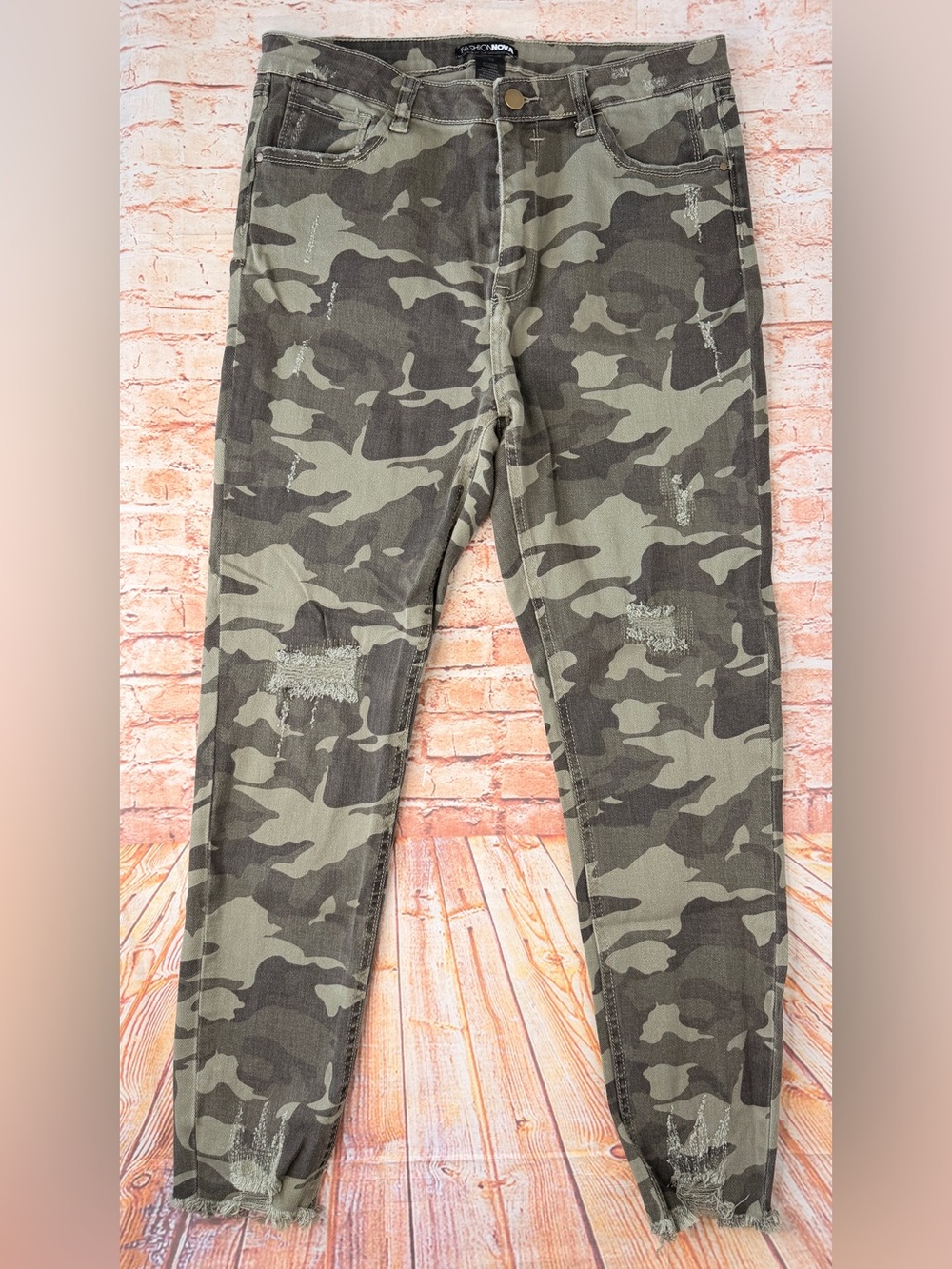 Fashion Nova Olive Green Distressed Camo Skinny Jeans